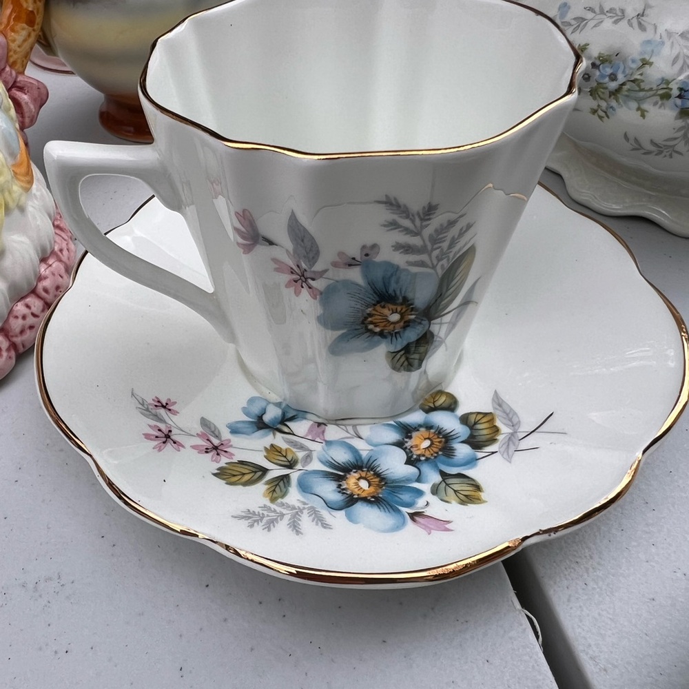 Fine Bone China blue floral cup and saucer by Royal Grafton